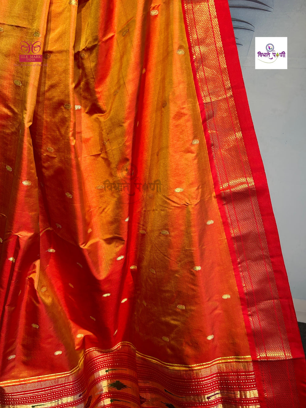 Handloom Pure Silk Double Pallu Paithani Saree - Orange