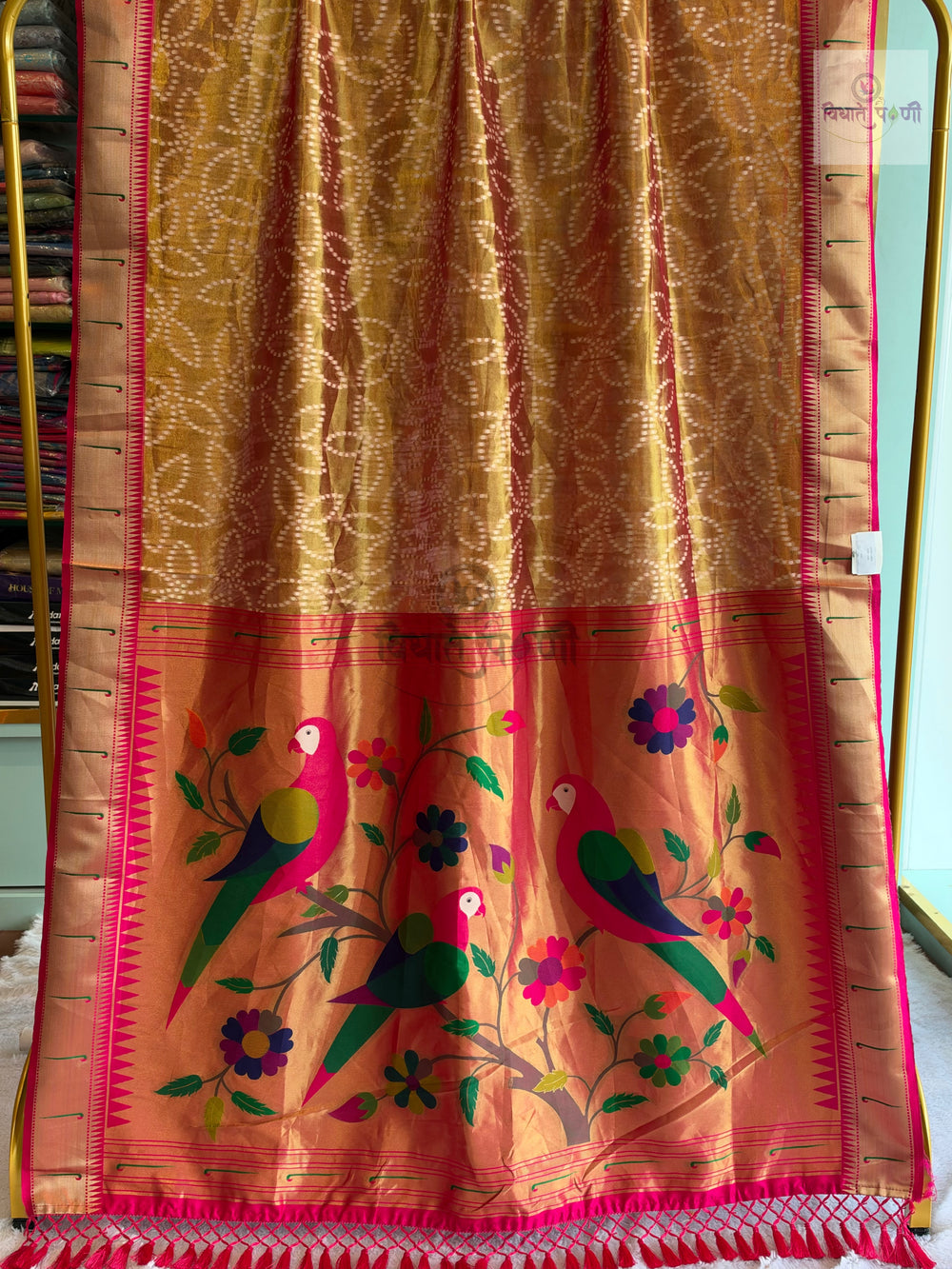 Muniya Fancy Tissue Semi Paithani Saree – Designer Parrot Pallu — the full saree — Vidhate Paithani
