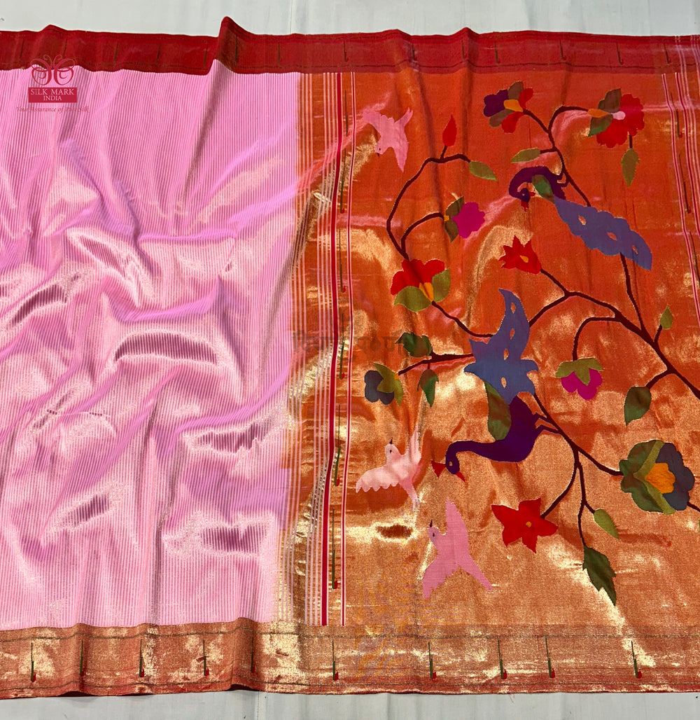 Handloom Pure Silk Single Munia Paithani Saree - Pastel Pink