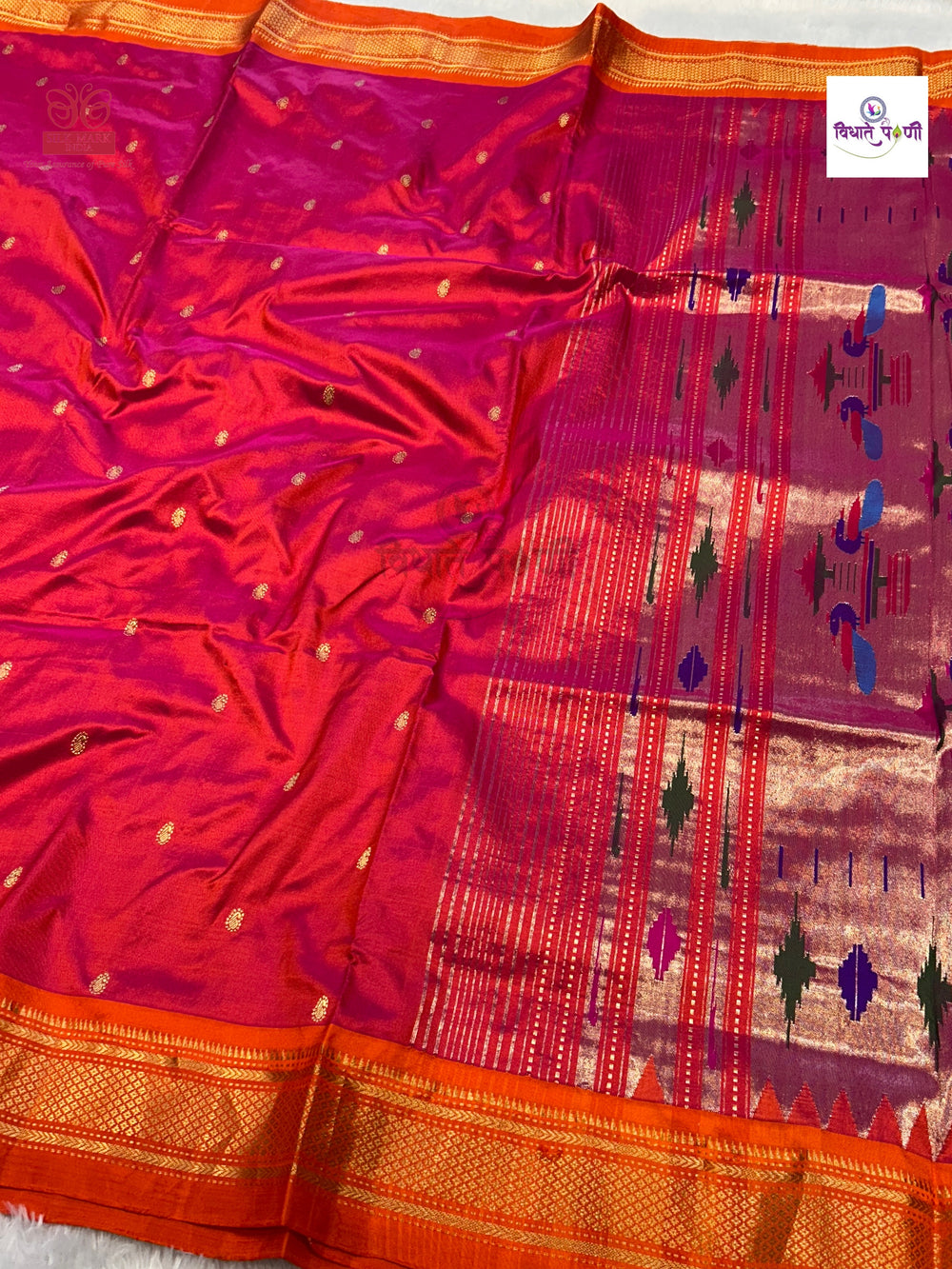 Pink Orange Mix Handloom Pure Silk Double Pallu Paithani Saree — full saree draped and laid flat — Vidhate Paithani, Yeola