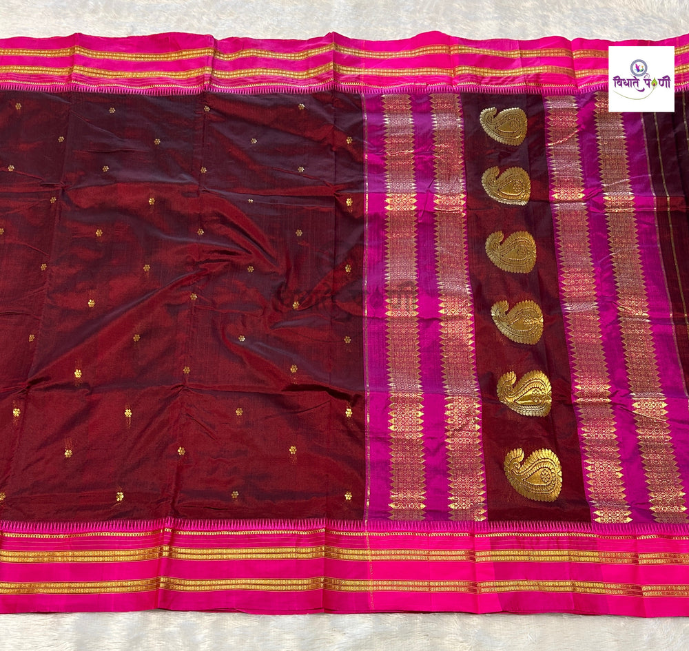 Maroon Narayanpeth single ply pure silk saree with zari buttis and a mango motif pallu