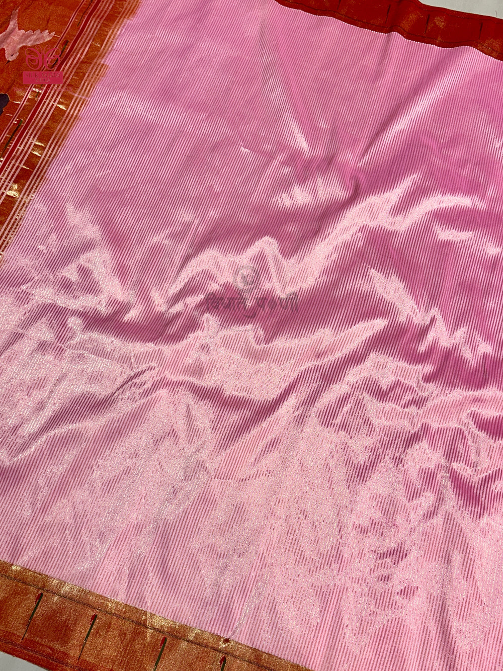 Handloom Pure Silk Single Munia Paithani Saree - Pastel Pink