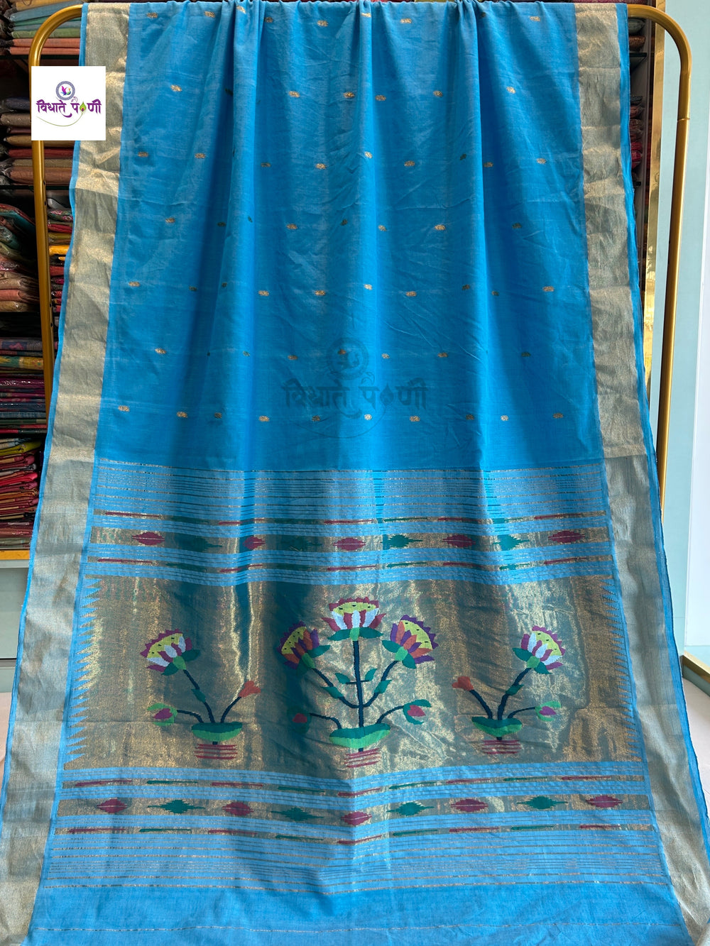 Sky Blue Handloom Pure Cotton Paithani Saree — full saree draped and laid flat — Vidhate Paithani, Yeola