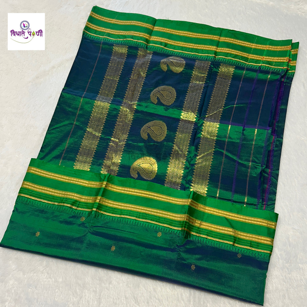 Sea Green Narayanpeth Single Ply Pure Silk Saree — full saree draped and laid flat — Vidhate Paithani, Yeola