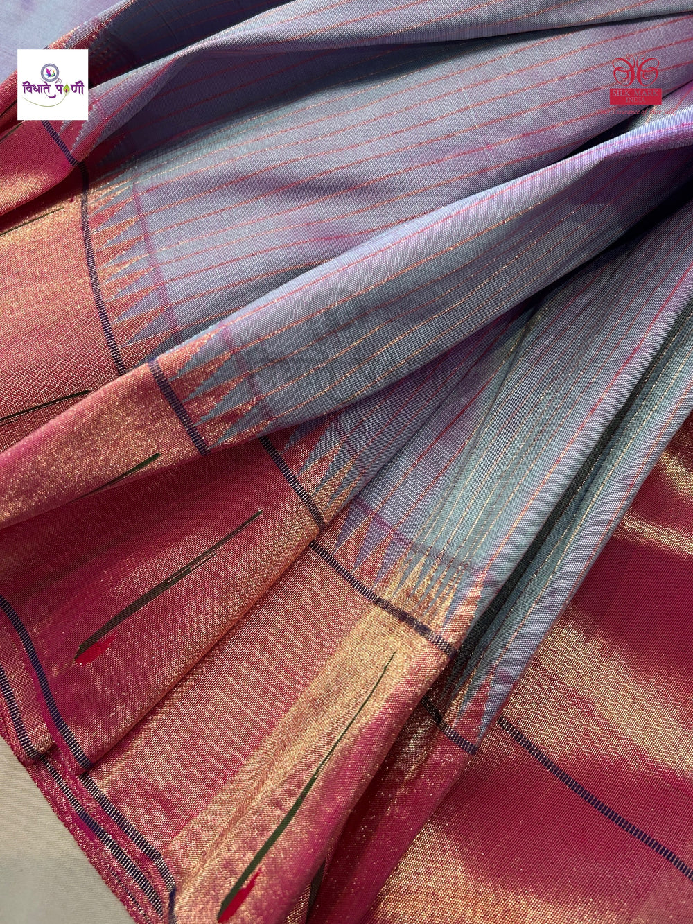 Handloom Pure Silk Single Munia Paithani Saree- Exclusive Instrumental Pallu — pallu with zari brocade detail — Vidhate Paithani, Yeola
