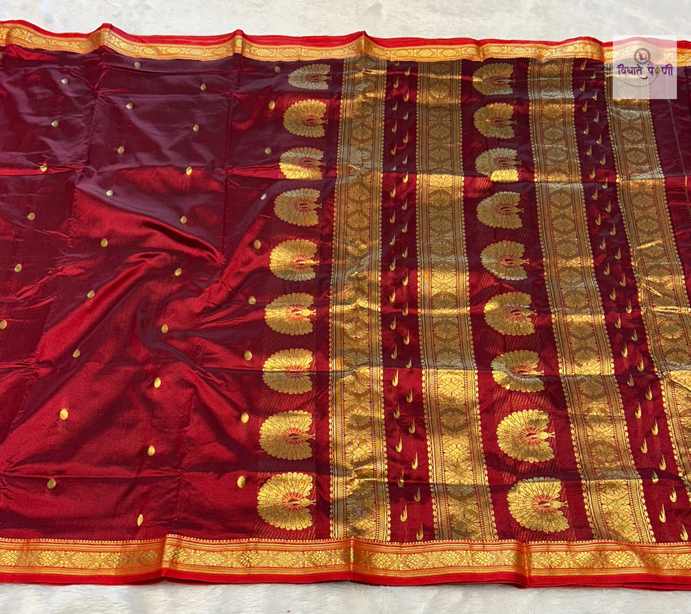 Jijamata Single Ply Pure Silk Saree- Maroon