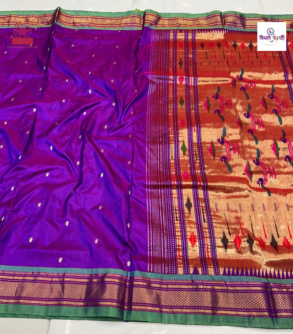 Handloom Pure Silk Double Pallu Paithani Saree - 9 Yard