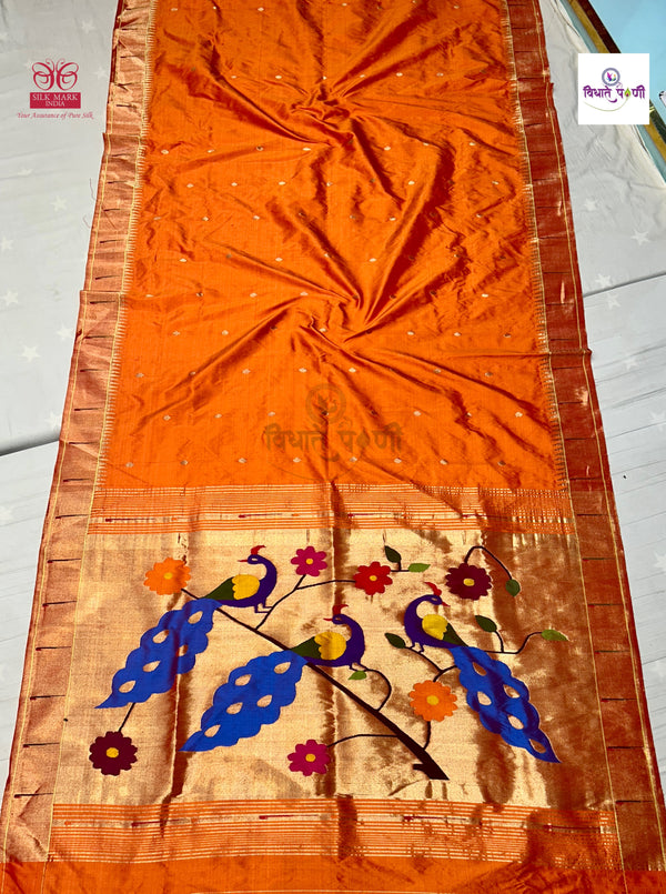 Handloom Pure Silk Single Munia Paithani Saree- Mango
