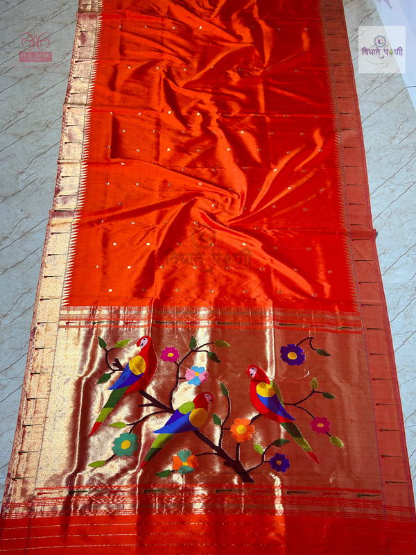 Handloom Pure Silk Single Munia Paithani Saree- Orange — full saree draped and laid flat — Vidhate Paithani, Yeola