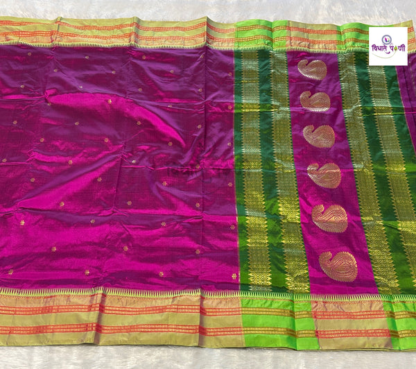 Magenta Narayanpeth single ply pure silk saree with zari buttis and a mango motif pallu