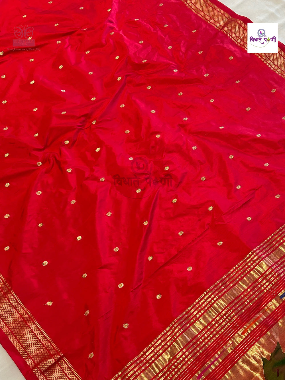 Designer Pallu Paithani Saree - Parrot Peacock — pallu with woven border detail — Vidhate Paithani, Yeola