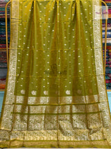 Peshwai Soft Silk Saree- Lime Green — full saree draped and laid flat — Vidhate Paithani
