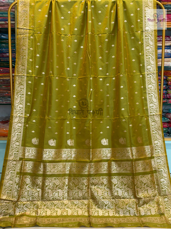 Peshwai Soft Silk Saree- Lime Green — full saree draped and laid flat — Vidhate Paithani