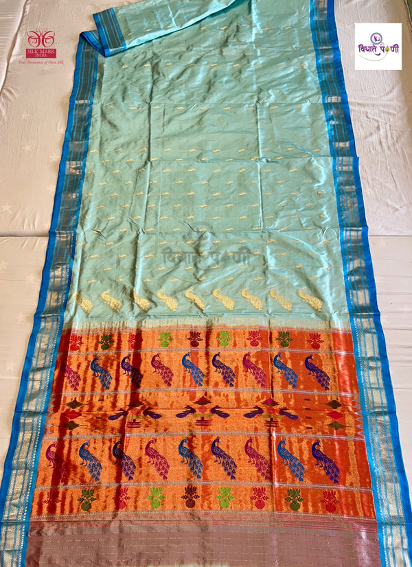 Handloom Pure Silk Fancy Pallu Paithani Saree - Pastel Blue