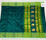 Rama Green Narayanpeth Single Ply Pure Silk Saree — full saree draped and laid flat — Vidhate Paithani, Yeola