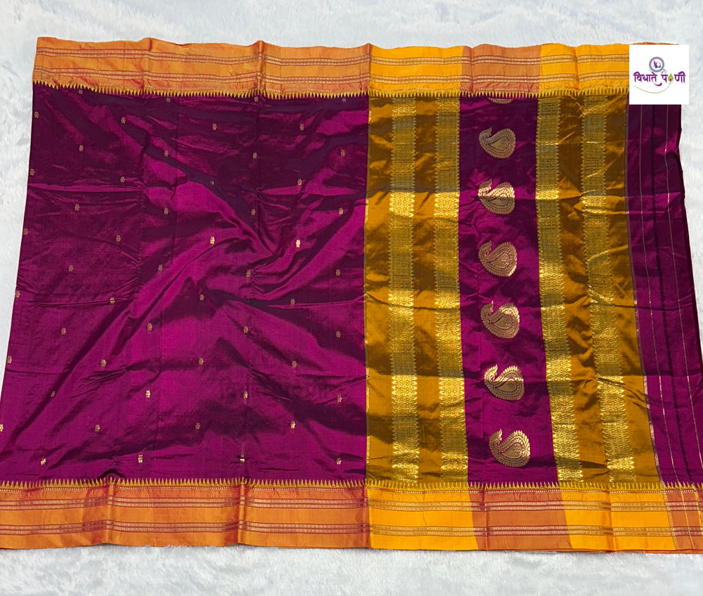 Magenta Narayanpeth Single Ply Pure Silk Saree — full saree draped and laid flat — Vidhate Paithani, Yeola