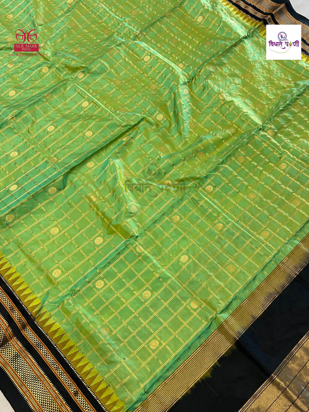 Traditional Irkal Pure Silk Checks Saree- Parrot Green