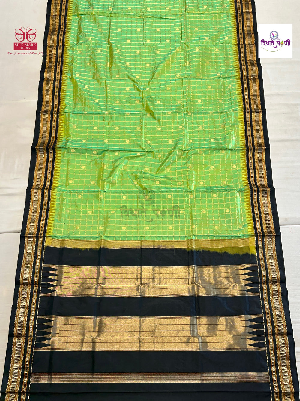 Traditional Irkal Pure Silk Checks Saree- Parrot Green