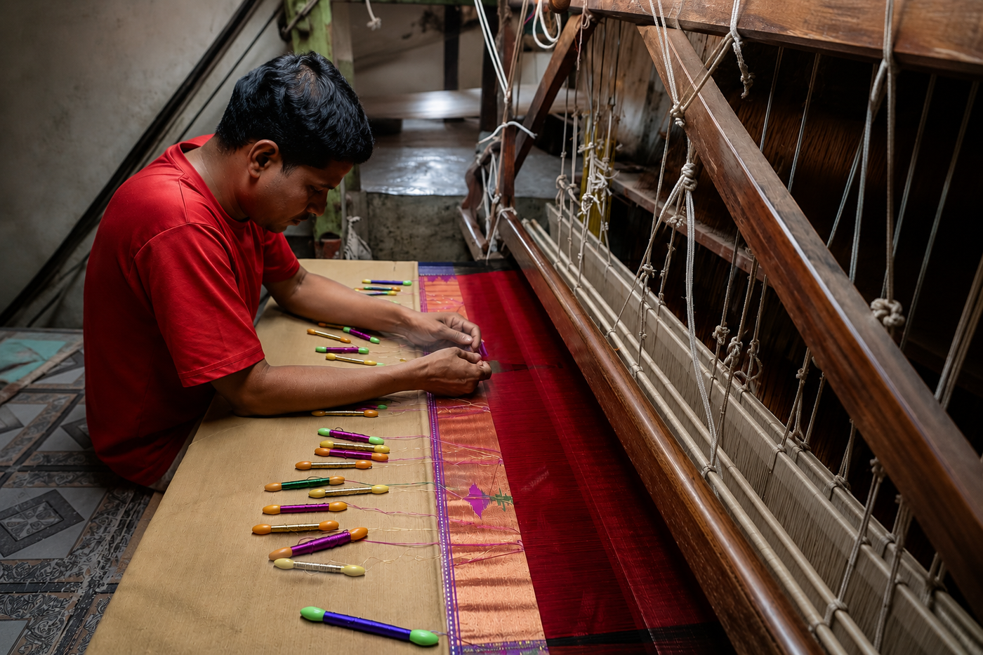 Person working with a traditional handloom in a woven textile setting