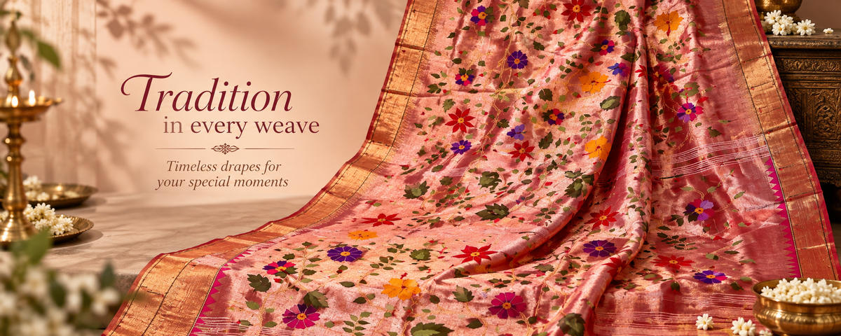 Vidhate Paithani & Silk Sarees - Tradition Woven for Generations. Pure silk fabric, authentic Paithani weave, timeless elegance, a heritage you can wear.