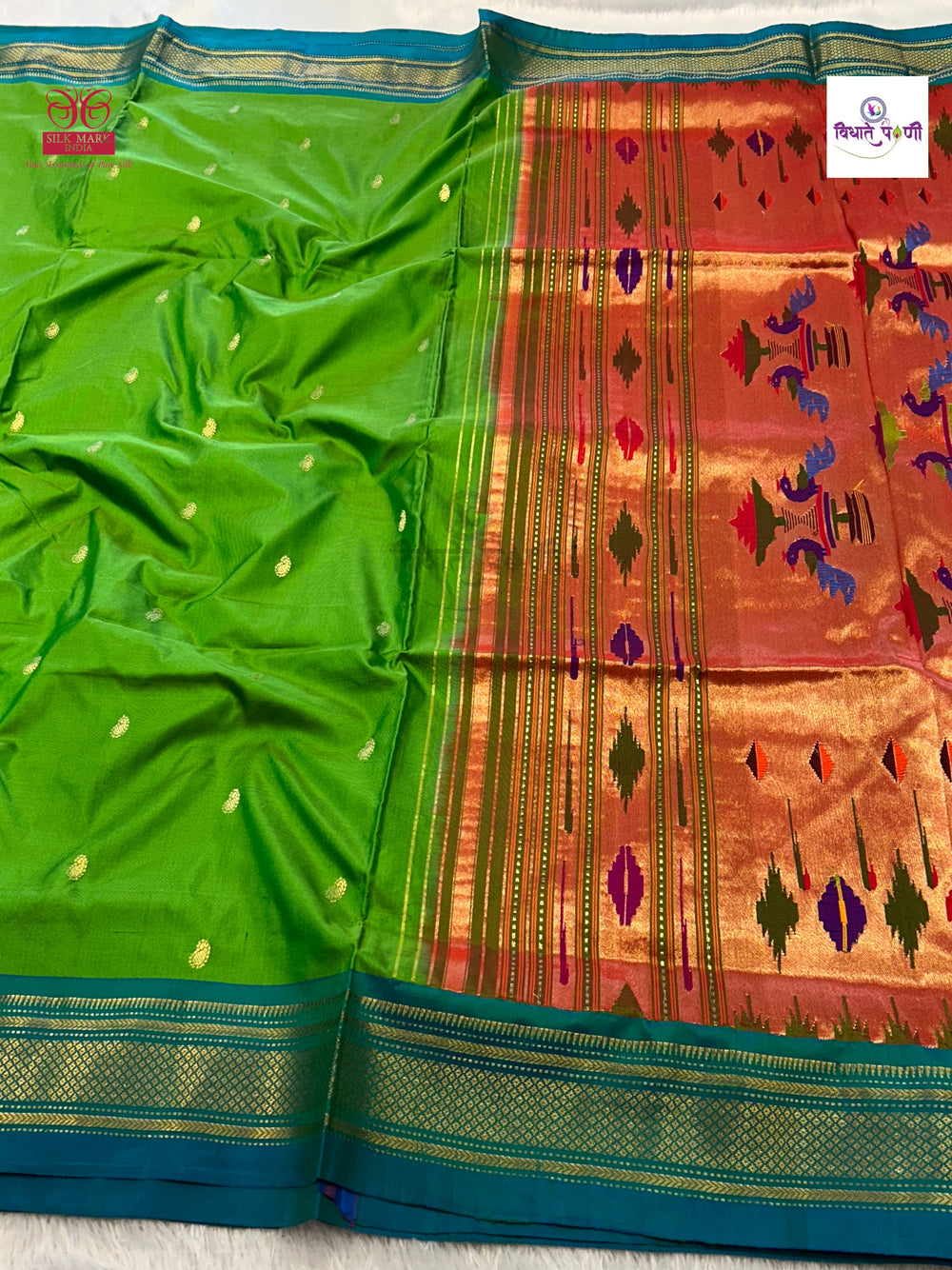 Parrot Green Handloom Pure Silk Double Pallu Paithani Saree — full saree draped and laid flat — Vidhate Paithani, Yeola