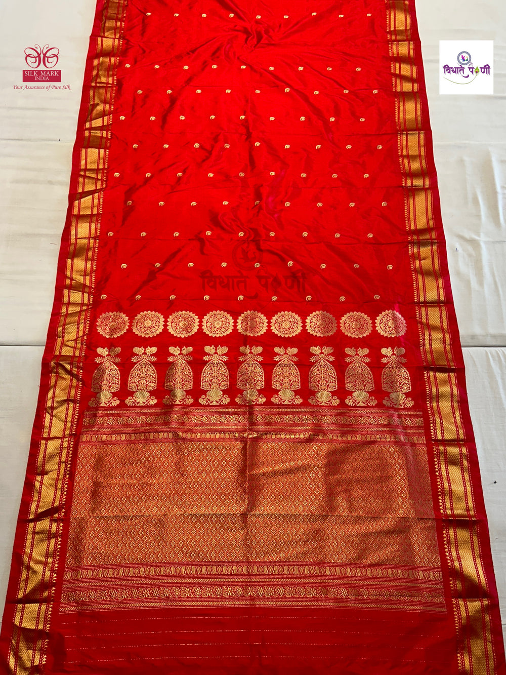 Red Vintage Handloom Pure Silk Chandrakor Paithani Saree — full saree draped and laid flat — Vidhate Paithani, Yeola