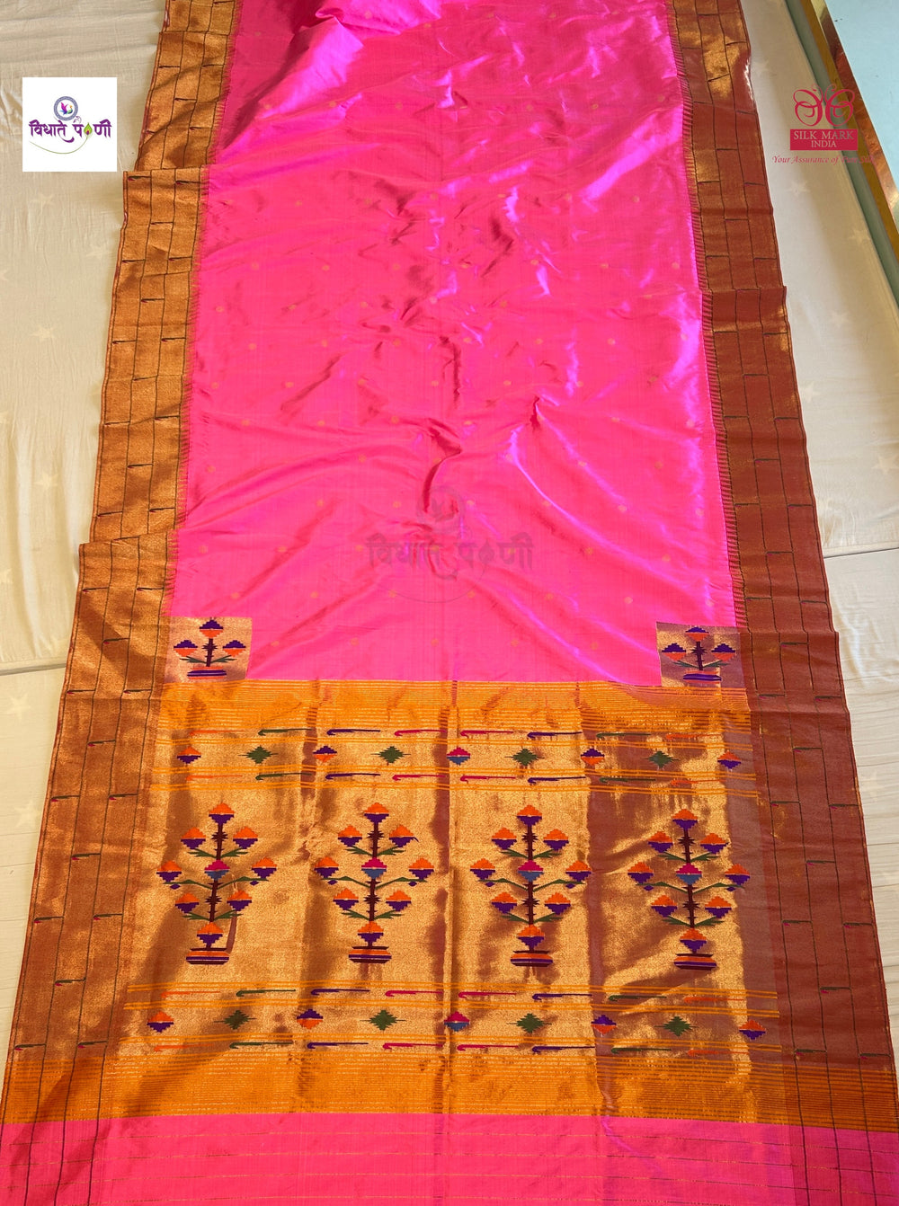Fuchsia Pink Handloom Pure Silk Triple Munia Border Paithani Saree — full saree draped and laid flat — Vidhate Paithani, Yeola