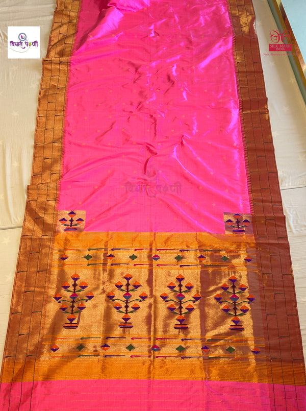 Handloom Pure Silk Triple Munia Border Paithani Saree - Fuchsia Pink