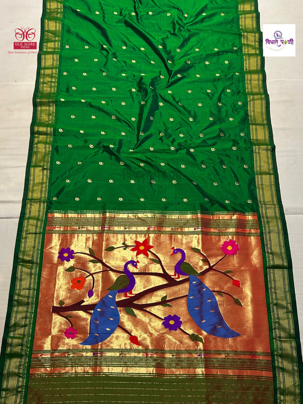 Handloom Pure Silk Chandrakor Butta Paithani Saree - Bottle Green