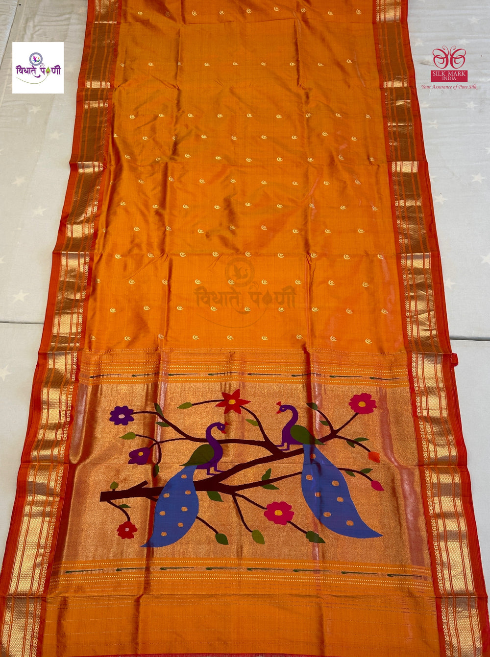 Mango Handloom Pure Silk Chandrakor Butta Paithani Saree — full saree draped and laid flat — Vidhate Paithani, Yeola