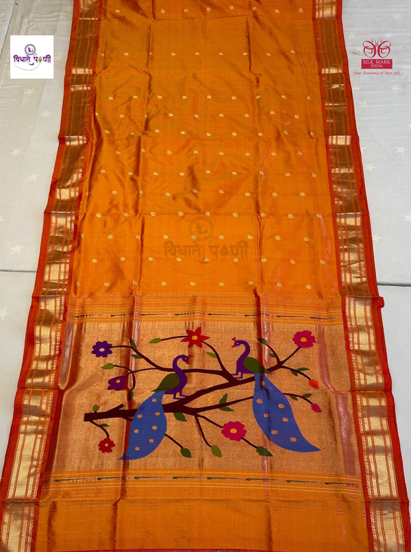 Handloom Pure Silk Chandrakor Butta Paithani Saree - Mango