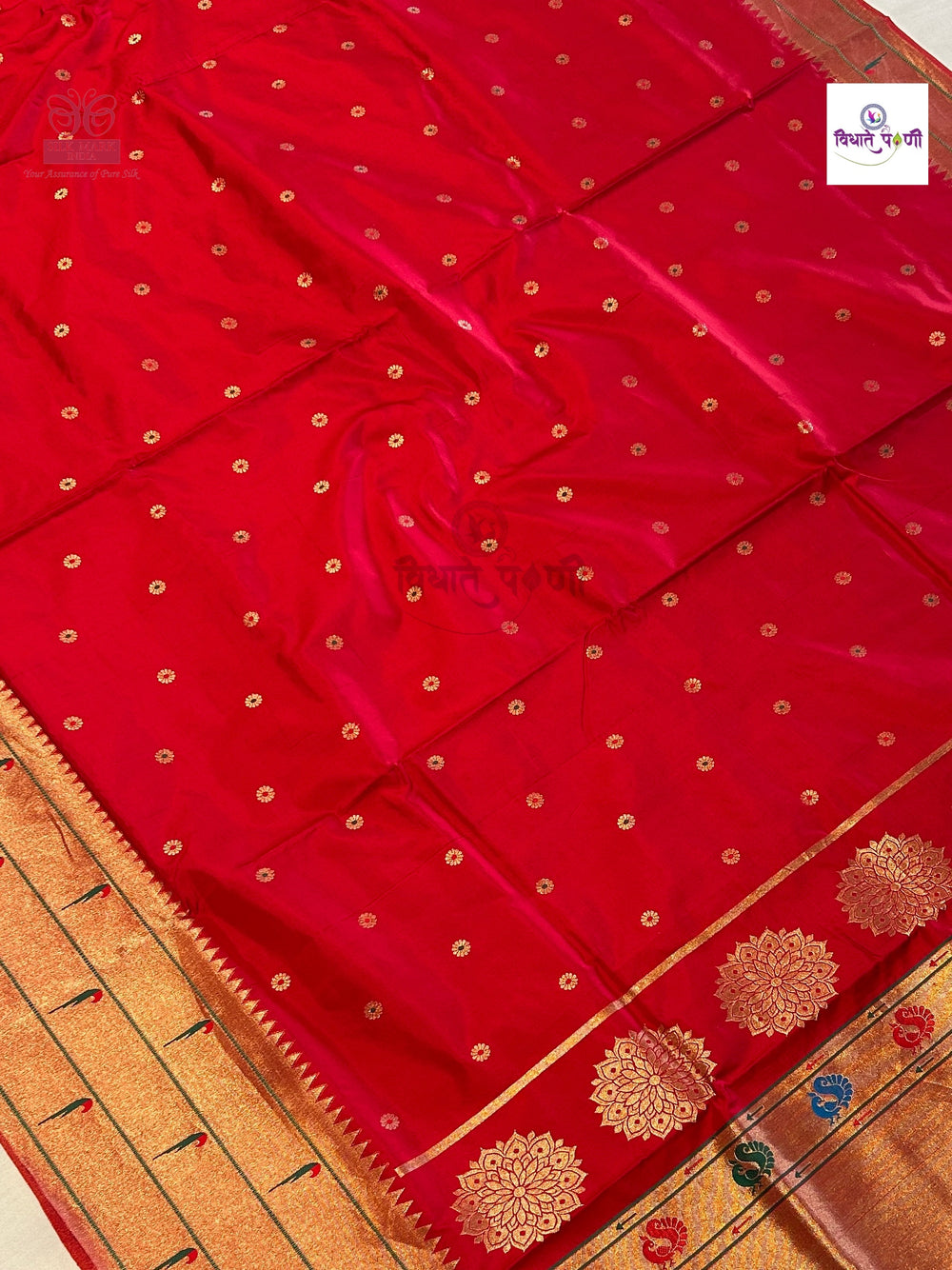 Powerloom Pure Silk Triple Munia Paithani Saree – Red | Monsoon Sale