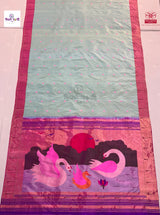 Handloom Pure Tissue Single Munia Paithani Saree - 3 — full saree draped and laid flat — Vidhate Paithani, Yeola