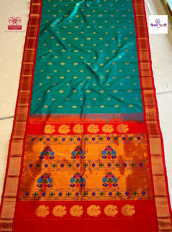 Handloom Pure Silk Maharani Paithani Saree- SeaGreen