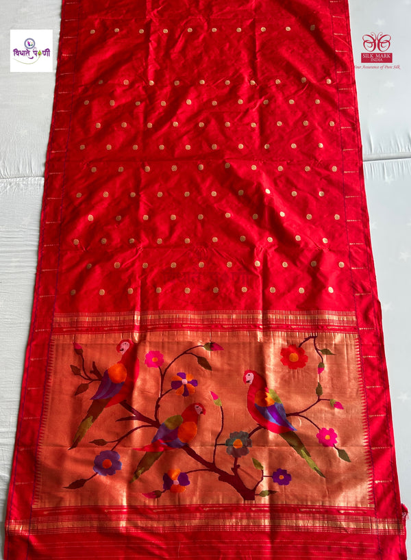 Handloom Pure Silk Single Munia Paithani Saree - Red