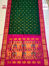 BottleGreen Handloom Pure Silk Maharani Paithani Saree — full saree draped and laid flat — Vidhate Paithani, Yeola