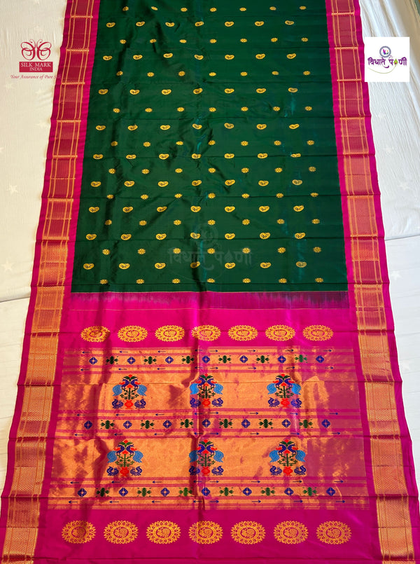 Handloom Pure Silk Maharani Paithani Saree- BottleGreen