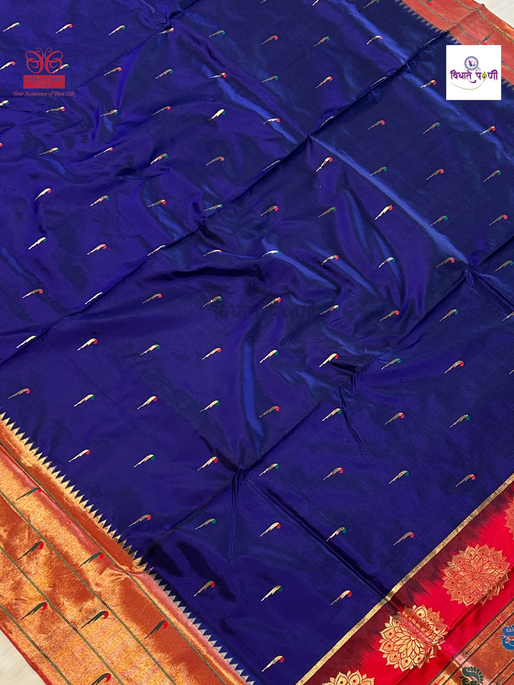 Powerloom Pure Silk Triple Munia Paithani Saree – Navy | Monsoon Sale