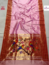 Pastel Pink Handloom Pure Silk Triple Munia Border Paithani Saree — full saree draped and laid flat — Vidhate Paithani, Yeola