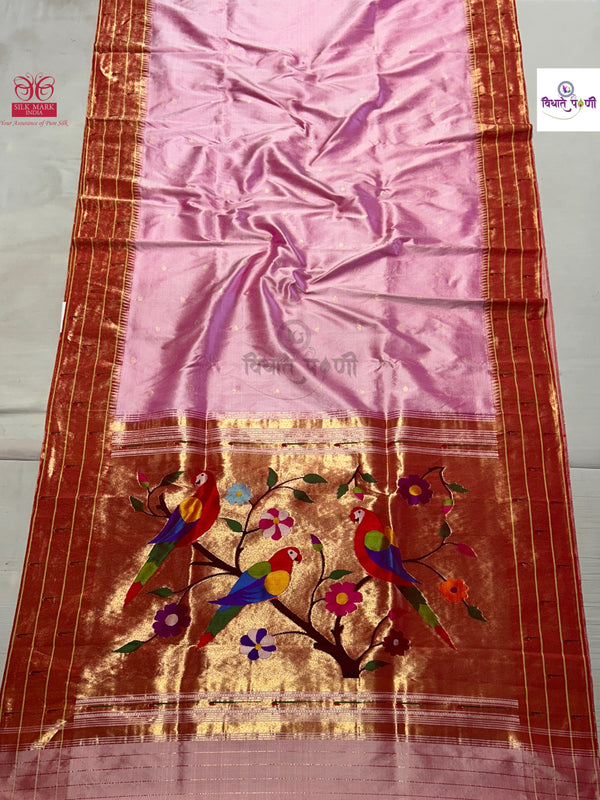 Handloom Pure Silk Triple Munia Border Paithani Saree - Pastel Pink