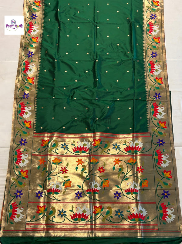 Soft Silk Lotus- Swan Paithani Saree- Bottle Green