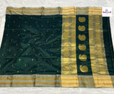 Bottle Green Narayanpeth Single Ply Pure Silk Saree — full saree draped and laid flat — Vidhate Paithani, Yeola