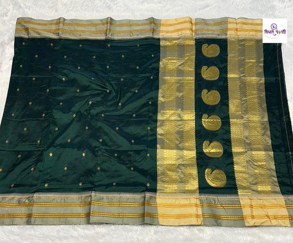 Narayanpeth Single Ply Pure Silk Saree - Bottle Green