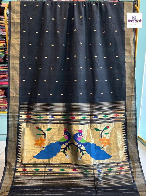 Handloom Pure Cotton Paithani Saree - Peacock Pallu - Black