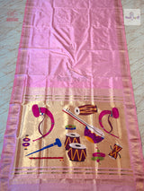 Handloom Pure Silk Designer Pallu Paithani Saree- Instrumental Pallu — full saree draped and laid flat — Vidhate Paithani, Yeola