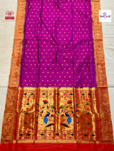 Magenta Powerloom Pure Silk Munia Paithani Saree — full saree draped and laid flat — Vidhate Paithani, Yeola