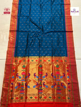 Sulphate Blue Powerloom Pure Silk Munia Paithani Saree — full saree draped and laid flat — Vidhate Paithani, Yeola
