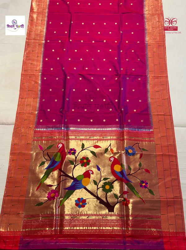 Handloom Pure Silk Triple Munia Border Paithani Saree - Pomegranate