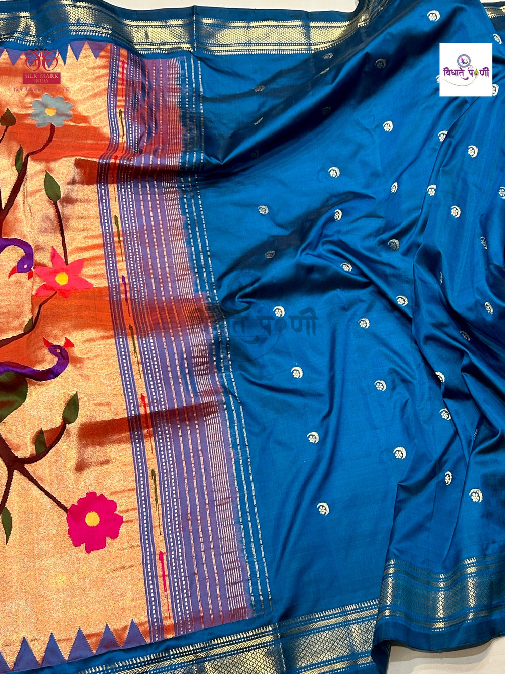 Sulphate Blue Handloom Pure Silk Chandrakor Butta Paithani Saree — pallu with zari brocade detail — Vidhate Paithani, Yeola