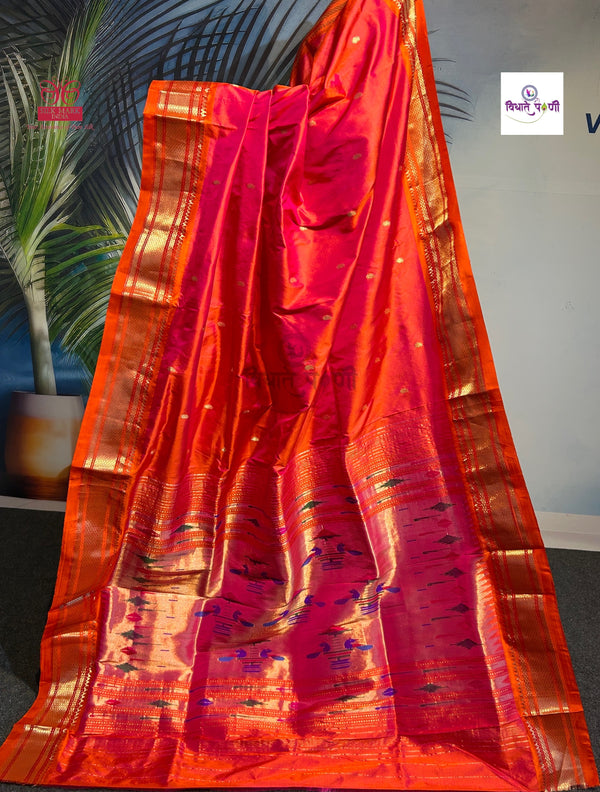 Handloom Pure Silk Double Pallu Paithani Saree - Orange